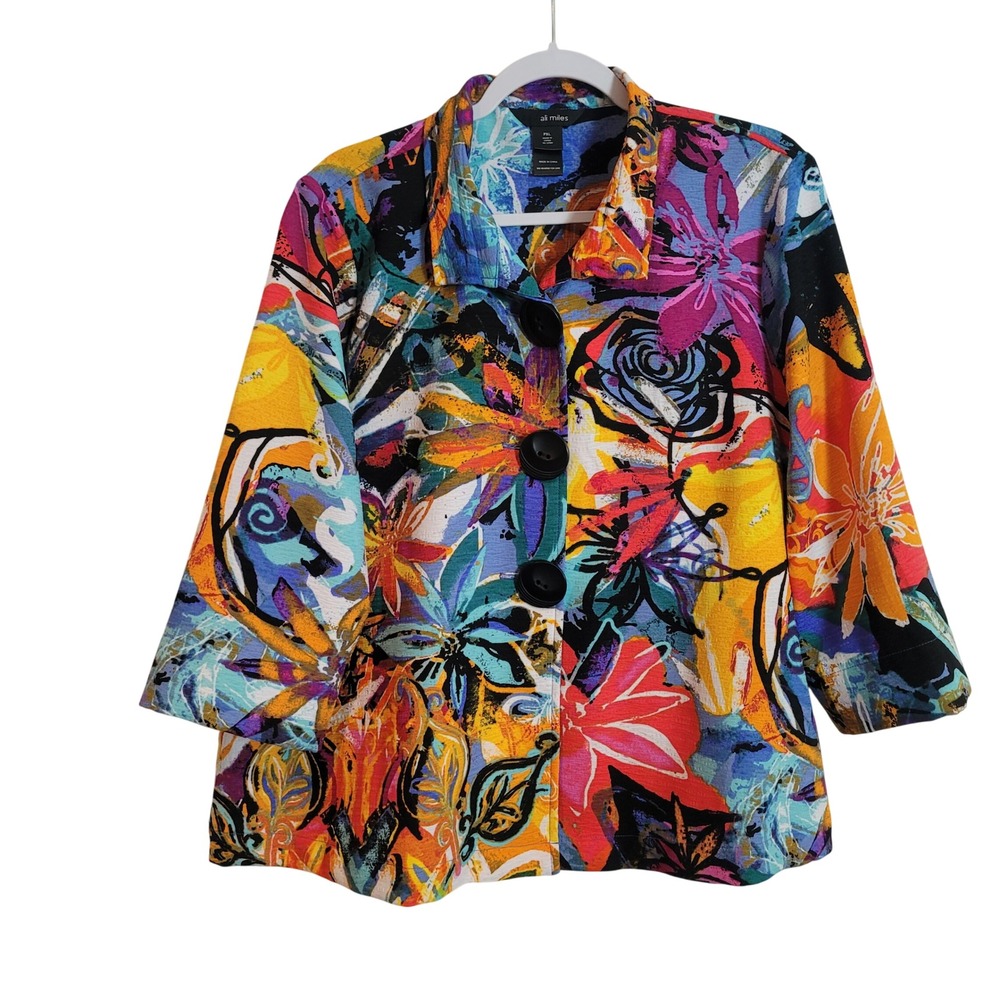 Ali Miles Womens PXL Floral Abstract Art To Wear Button Front Jacket Multi Color